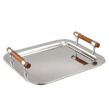 Elegance Stainless Steel Rectangular Tray with Wood Handles 165 by 13Inch Silver