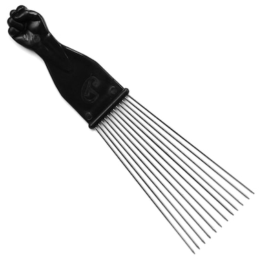 Afro Fan Pick w Black Fist  Metal African American Hair Comb