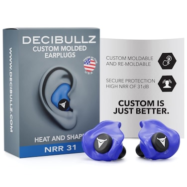 Decibullz  Custom Molded Earplugs 31dB Highest NRR Comfortable Hearing Protection for Shooting Travel Swimming Work and Concerts Blue