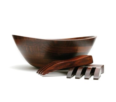 Lipper International Cherry Finished Wavy Rim Serving Bowl with 2 Salad Hands Large 13 x 125 x 5 3Piece Set