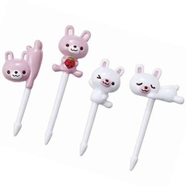 Torune 8 Cute Food Picks with Pink and White Rabbits with Strawberries 8 Pieces 4 Designs
