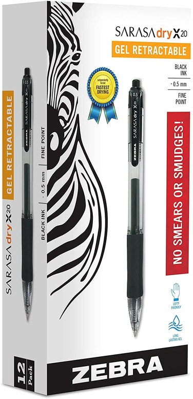 Zebra Pen Sarasa Dry X20 Retractable Gel Pen Fine Point 05mm Black Ink 12Pack