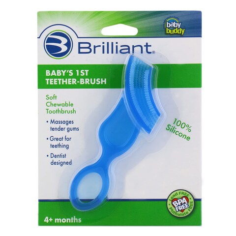 Brilliant Oral Care Babys First Toothbrush Smooth Silicone Bristles Gently Clean Tender Teeth and Gums for Ages 4 Months Blue 1 Pack