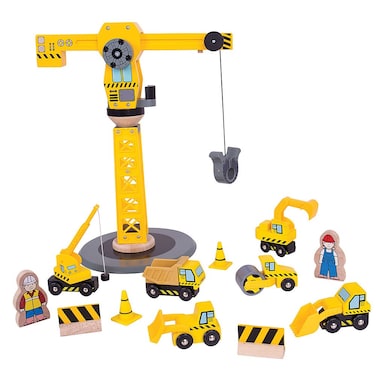 Bigjigs Rail Big Yellow Wooden Crane Construction Play Set with Vehicles  Accessories
