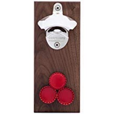 Dropcatch Magnetic Bottle Opener  Beer Cap Catcher  Wall Mount Beer Opener with Auto Catch Function  Install magnetically or Wall Mounted  Walnut Finish  Porter  Holds Up to 70 Caps