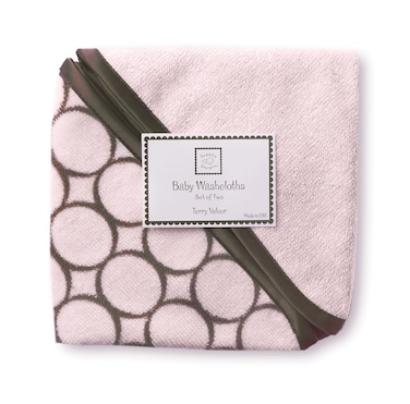 SwaddleDesigns Cotton Terry Velour Washcloths for BabyToddler Absorbent with Satin Trim Set of 2 Brown Mod Circles on Pastel Pink