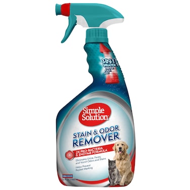 Simple Solution Stain and Odor Eliminator Spray for Dogs  Cats Enzyme Cleaner With 2X ProBacteria Cleaning Power Strong Smell Remover for Carpets Upholstery  Floors 32 oz