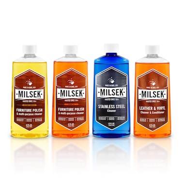 Milsek Furniture Polish Variety Pack Lemon Oil Orange Oil Stainless Steel Cleaner and Leather Cleaner  4Pk 12 fl oz