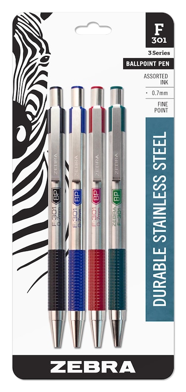 Zebra Pen F301 Retractable Ballpoint Pen Stainless Steel Barrel Fine Point 07mm Assorted Ink 4Pack