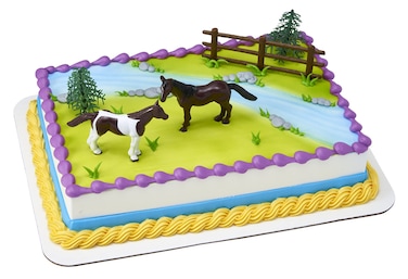 DecoSet Horses Cake Topper 5Piece Topper Set Cake Decoration with 2 Horses Fence and Trees Ready to Use For EquineThemed Birthday Celebration Food Safe