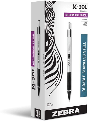 Zebra Pen M301 Mechanical Pencil Stainless Steel Barrel Fine Point 05mm Black Grip 12Pack