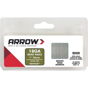 Arrow BN1816BCS 18Gauge Steel Brad Nails for Molding Cabinets Framing Trim and Finishing Safe to Use with Electric or Battery Powered Nailers Brown 1 Inch 2000 Pack