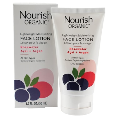 Nourish Organic Face Lotion Rosewater Acai  Argan  Lightweight Moisturizer for Face with Aloe Vera Shea Butter  Vitamin C 17 Oz  Washable Cotton Round