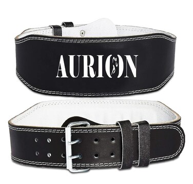 AURIONGenuine Leather Weight Lifting Belt Body Fitness Gym Back Support Power Lifting Belt Medium Black