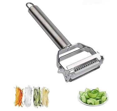 R Runilex Stainless Steel 2 in 1 Julienne Vegetable Peeler MultiFunctional Fruit Vegetable Shredder Slicer Double Planing Cutter Potato Cucumber Carrot Melon Grater Silver 18 x 82 x 24 cm