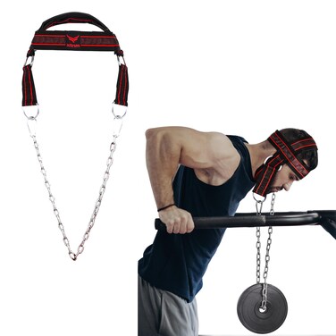 XTRIM Neck and Head Weight Harness with 30 HeavyDuty Steel Chain  4 DRings for Gym  Home Workout Thick Neoprene Padded  Adjustable Strap with Superior Saddle Stitching Red