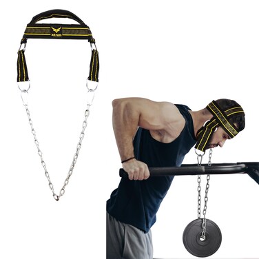 XTRIM Neck and Head Weight Harness with 30 HeavyDuty Steel Chain  4 DRings for Gym  Home Workout Thick Neoprene Padded  Adjustable Strap with Superior Saddle Stitching Yellow
