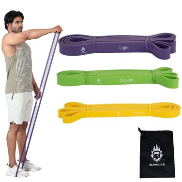 BURNLAB Resistance Bands with Carrying Pouch Pull Up Assistance Bands for Exercise Stretching Gyms Home Fitness  for Men and Women Yellow Green  Purple 824Kg