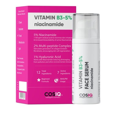 CosIQ Niacinamide Vitamin B35 Face Serum  Ultra Sensitive Skin  2 MultiPeptides  1 HA  Hydrates Repairs Regenerates Skin Cells  Clears  Improves Texture  30ml