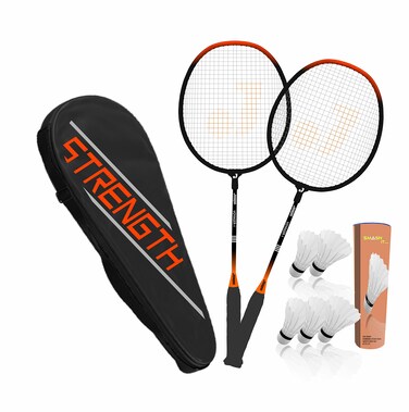 Jaspo GET Set Steel Badminton Racket Combo Set Lightweight Badminton Racquet 1 Pair with 5 pc Feather shuttlecocks and 1 Carrying Bag for Outdoor Games Suitable for Beginners