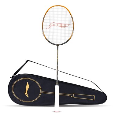 LiNing 3D Calibar X Drive Carbon Graphite Strung Badminton Racquet 82 Grams 30 Lbs String Tension and Free Full coverDark GreyGold