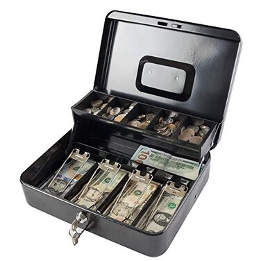 KYODOLED Locking Cash Box with LockMoney Box with Cash TrayLock Safe Box with KeyMoney Saving Organizer1181Lx 945Wx 354H InchesBlack XL Large