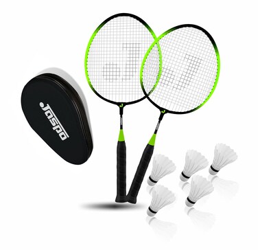 Jaspo Kidzy Steel Badminton Racket Set 18 inches Length with 5pc Feather Shuttlecock NEON GreenRecommended for Kids only