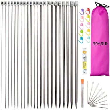 BCMRUN 22Pcs Stainless Steel Straight Knitting Needles Set 2mm8mm Long Needles with Markings LargeEye Needles Measure Tape Kitting Kit for DIY Travel