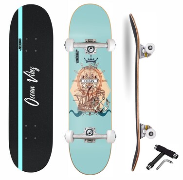 Jaspo Ocean 31 Inches X 8 Inches 7 Layer Canadian Maple Professional Grade Concave Skateboard  Made in India Ocean
