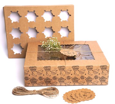 Mudrit 10Pack Cupcake Boxes Bulk  Cupcake Holder with Lid  Disposable Cupcake Containers  Food Grade Kraft Bakery Boxes with Window to Fit 12 Cupcakes Cookies Muffins Pastry Long Treats