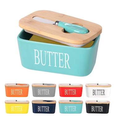 Lxmons Ceramic Butter Dish with Wooden Lid Large Butter Container Keeper Storage with Stainless Steel Butter Knife Spreader Bamboo Cover and Silicone Sealing Ring for West East Coast Butter Aqua