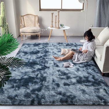 DweIke Fluffy Modern Area Rugs for Living Room Bedroom 4x6 ft Plush High Pile Blue Grey Rug for Kids Girls Room Nursery Home Decor Upgrade NonSlip Girls Bedroom Soft Indoor Rug TieDyed Blue Grey
