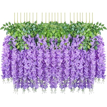 Pauwer Wisteria Hanging Flowers 24 Pack Fake Flower Garland Artificial Wisteria Vines Rattan Silk Flower String Wedding Party Wall DecorationsPurple