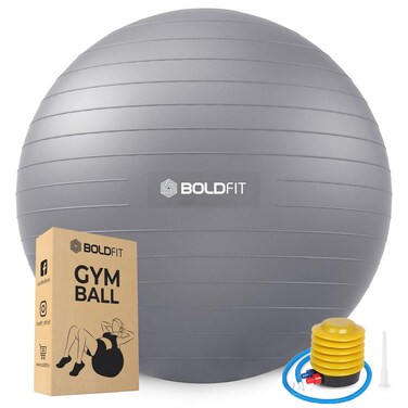 Boldfit Gym Ball for Exercise Anti Burst Exercise Ball with Foot Pump for Workout Yoga Ball for Women and Men Swiss Ball for Balance Stability Training Birthing Ball for Pregnancy Grey 65Cm