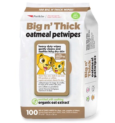 Petkin Pet Wipes for Dogs and Cats Oatmeal 100 Wipes Large for Dogs and Cats  Soothes Itchy Dry Skin and Cleans Ears Face Butt Body and Eye Area  Idea for Home and Travel