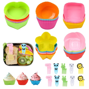 CDOKY 50Pcs Silicone Lunch Box Dividers Bento Box Accessories Silicone Cupcake Liners Bento Box Accessories with 10pcs Fruit Forks 50