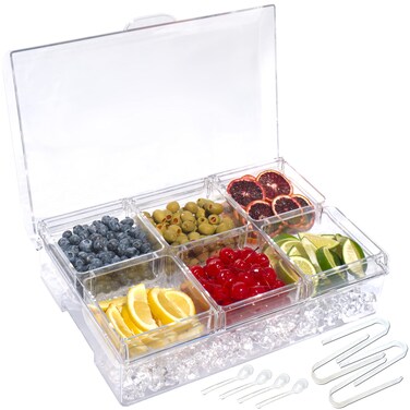ImpiriLux Ice Chilled Six Compartment Condiment Server Caddy  Serving Tray Container with 6 Removable Dishes Each with 35 Cup Capacity  Domed Hinged Lid  4 Serving Spoons  4 Tongs Included