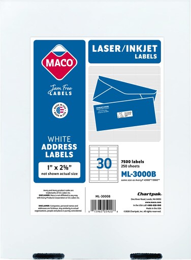MACO Printable Labels for Mailing  LaserInk Jet Compatible Shipping Address Labels 30 per Sheet 1 x 258 Box of 250 Pages7500 Labels White