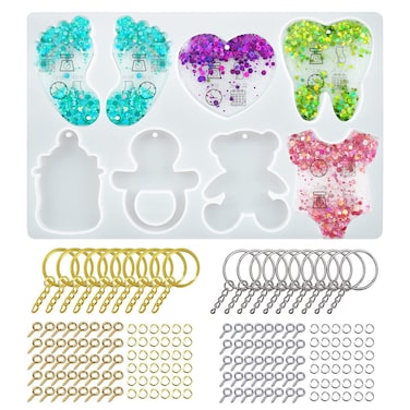 Anlanangel Keychain Mold for DIY Baby Shower Return FavorsFootprint Baby Bottle Bear Teeth Shape Silicone Resin Mold for Making Keychain Pendant Charm Guests Kids Birthday Baby Shower Party Supplies
