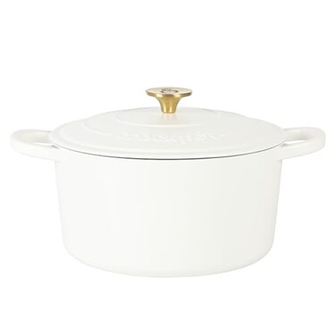 Crock Pot Artisan 6Quart Round European Enameled Dutch Oven Pot With Lid  Matte Linen White wGold Knob