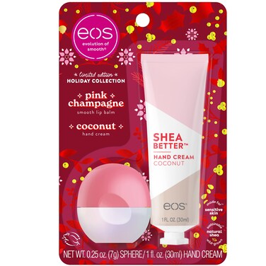 eos Limited Edition Holiday Collection Pink Champagne Lip Balm  Coconut Hand Cream 24Hour Hydration 2Pack Clear