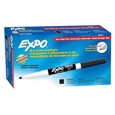 EXPO Low Odor Dry Erase Markers Fine Tip Black 12 Count
