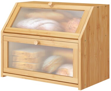Vriccc Large Bread Box for Kitchen CounterBamboo Wood Double Layer Bread Box for Kitchen Counter Wooden Capacity Bread Storage Bin