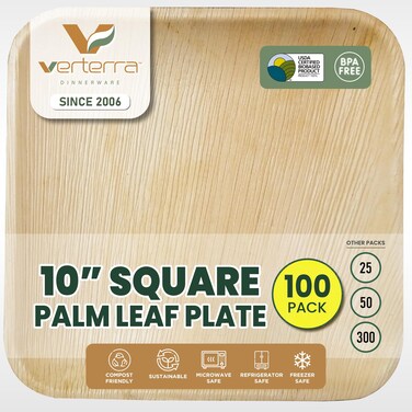 Verterra Palm leaf Plates  10 inch Square100 Pack  Like Bamboo Plates Disposable And Ecofriendly Dinnerware Dessert Plates for Bulk Events Dinner Party Plates Weddings