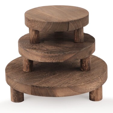 JKLIND 3PCS Wooden Display Riser for DisplayRound Display StandWood Riser Pedestal Stand for Home Decor and OrganizerRustic Brown865