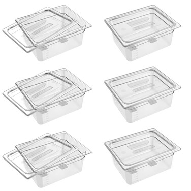 6 Pack 12 Size 6 Deep Clear Food Pans with Lids Commercial Food Pans Polycarbonate Transparent Food Storage Containers Stackable Plastic Pan with Capacity Scale Restaurant Supplies Hotel Pan