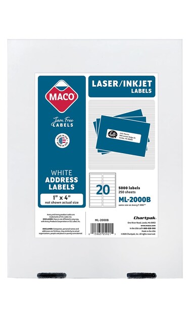 MACO Printable Labels for Mailing  LaserInk Jet Compatible Shipping Address Labels 20 per Sheet 1 x 4 Box of 250 Pages5000 Labels White