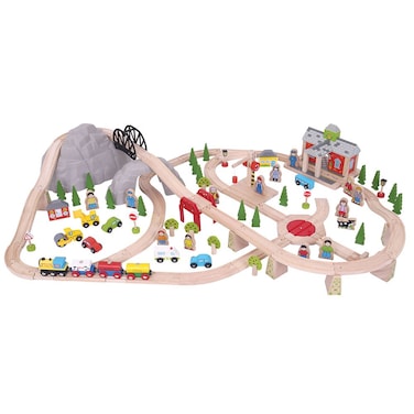 Bigjigs Rail 112pc Mountain Wooden Train Set  Mountain Kids Train Set with 50 Bigjigs Train Accessories Working Bigjigs Crane and Wooden Train Station for Pretend Play