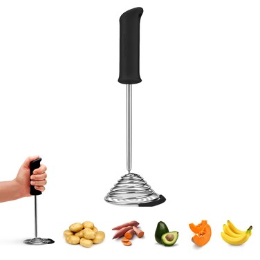 Dreamfarm Smood OneHanded  Ergonomic SoftGrip StainlessSteel Vegetable  Potato Masher with Silicone Bowl Scraper  Black