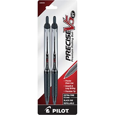 PILOT Precise V5 RT Refillable  Retractable Liquid Ink Rolling Ball Pens Extra Fine Point 05mm Black Ink 2Pack 26050